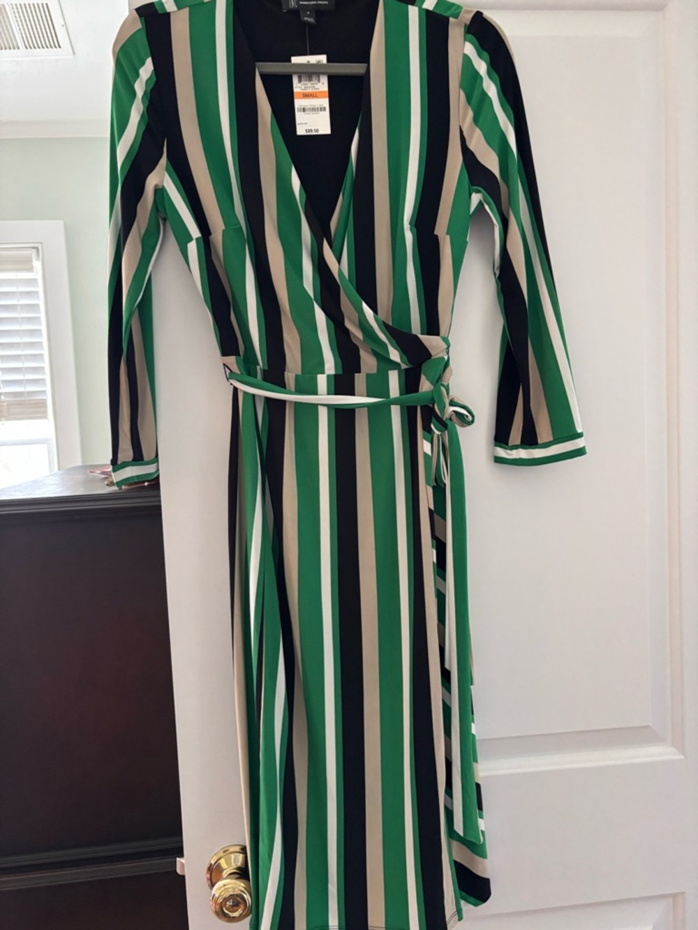 INC International Concepts Green, Black & Cream Striped Wrap Midi Dress